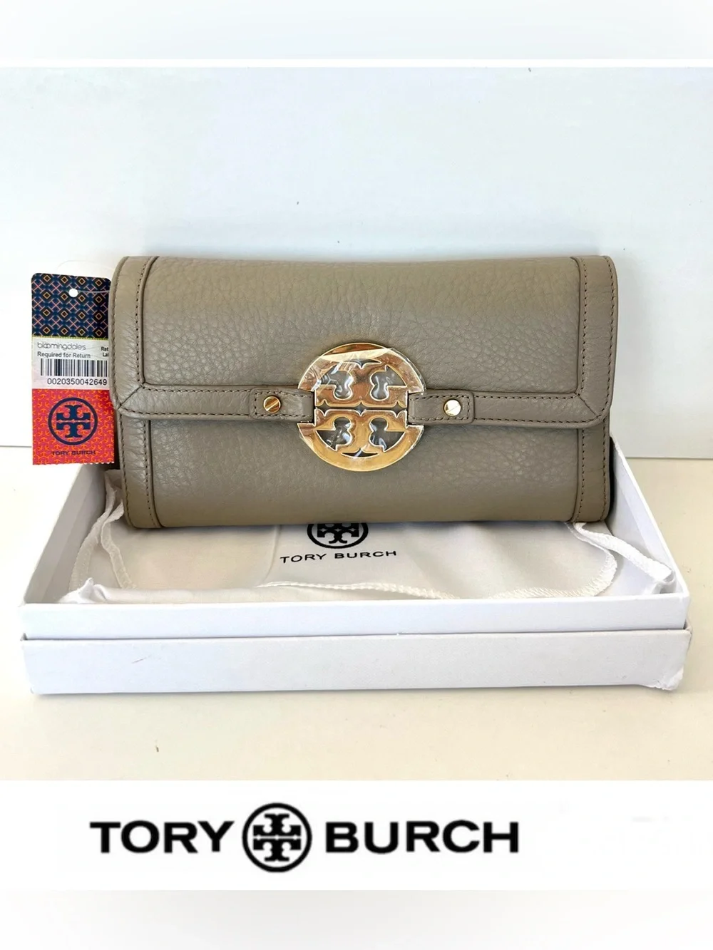 TORY BURCH Amanda Checkbook Khaki Pebbled leather Gold-tone Logo Wallet NWT